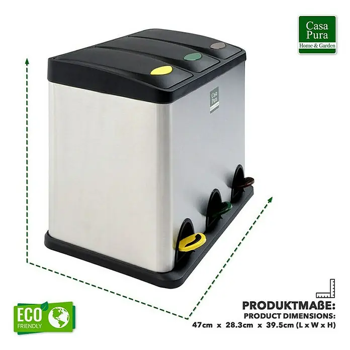 Floordirekt Standard Mülleimer Brandon 3 x 8 L - 24 l, Edelstahl, Silber - Casa Pura Mülleimer mit drei Fächern zur einfachen Mülltrennung. Aus robustem Edelstahl gefertigt und mit farbigen Pedalen ausgestattet.