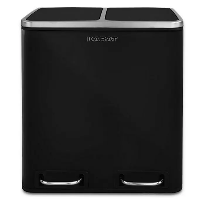 Floordirekt Standard Mülleimer Felix 2 x 30 L Schwarz - 60 l, Edelstahl, Schwarz - Schwarzer Karat-Treteimer mit zwei Fächern und silberfarbenen Akzenten für eine getrennte Abfallentsorgung.