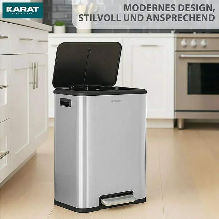 Floordirekt Standard Mülleimer Jack 30 L Edelstahl - 30 l, Edelstahl, Edelstahl - Stilvoller Treteimer Karat Home & Living aus Edelstahl mit offenem Deckel, ideal für moderne Küchen.