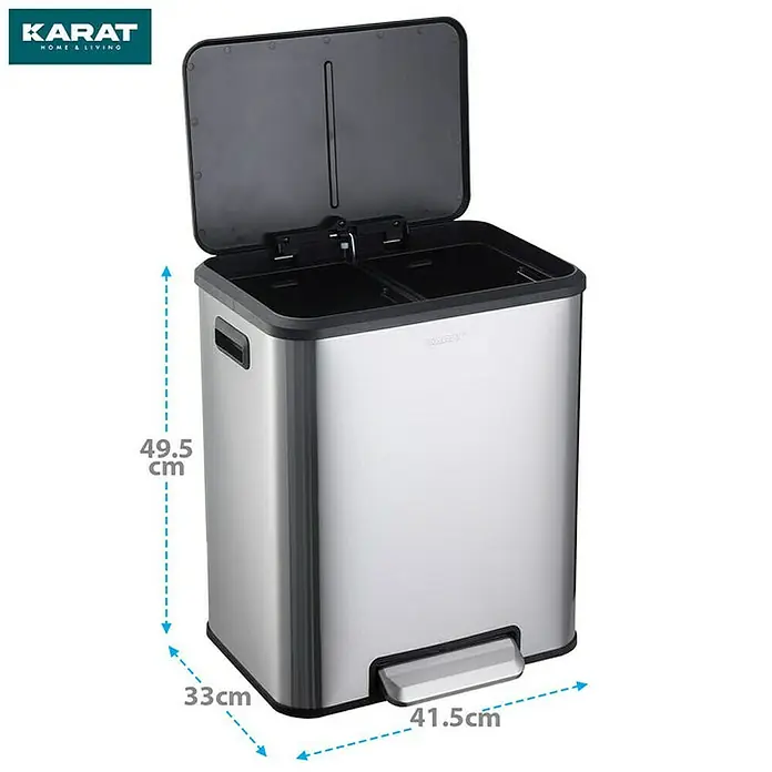 Floordirekt Standard Mülleimer Jack 30 L Edelstahl - 30 l, Edelstahl, Edelstahl - Ein doppelter Mülleimer aus Edelstahl mit Pedalöffnung und den Maßen 49,5 cm Höhe, 33 cm Breite und 41,5 cm Tiefe.