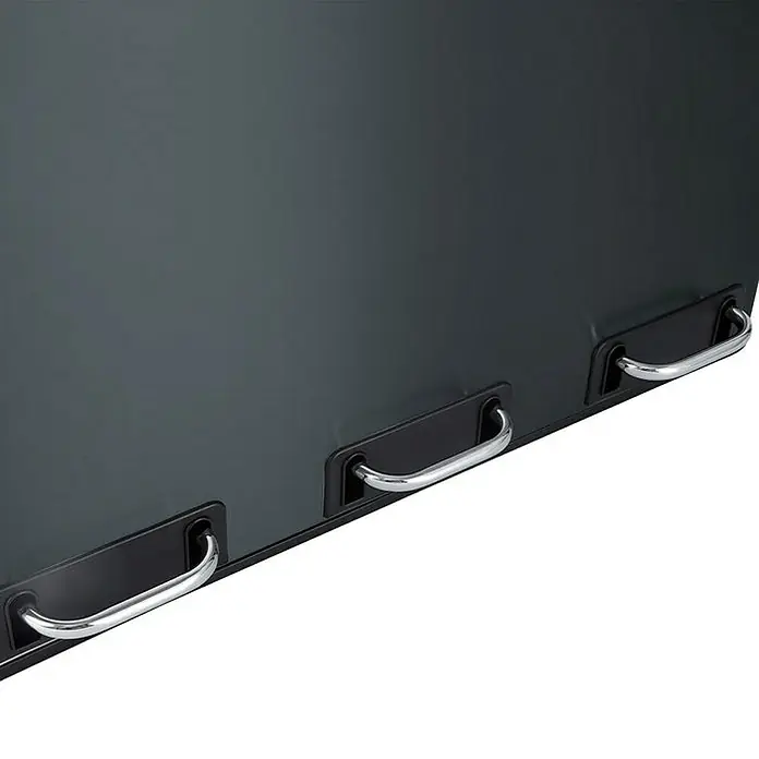 Floordirekt Standard Mülleimer Felix 3 x 18 L Anthrazit - 54 l, Edelstahl, Anthrazit - Detailaufnahme eines grauen Schranks mit drei silbernen Griffen, die an schwarzen Halterungen befestigt sind.