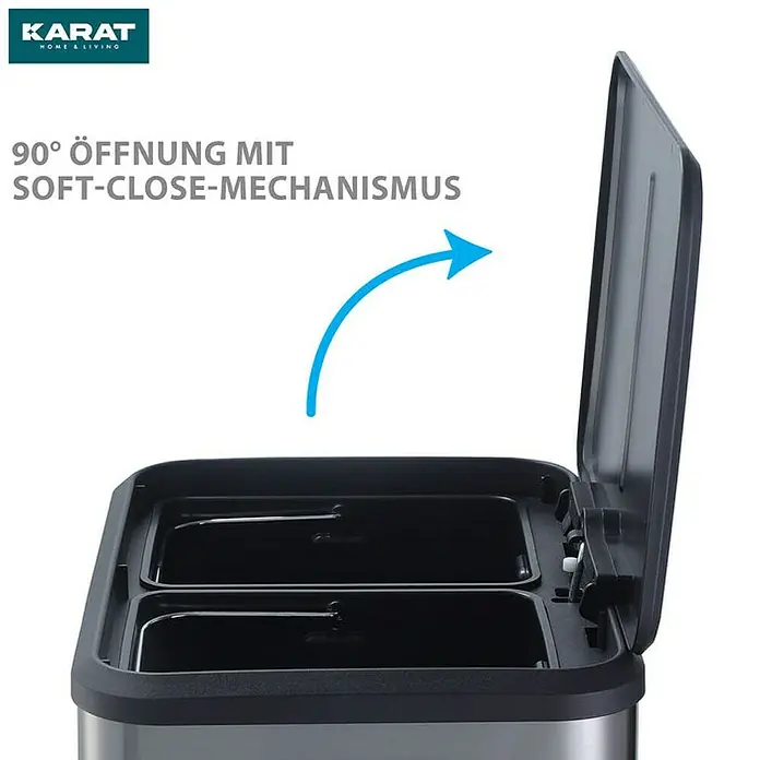 Floordirekt Standard Mülleimer Jack 30 L Edelstahl - 30 l, Edelstahl, Edelstahl - Das Bild zeigt einen Karat Home & Living Mülleimer mit Soft-Close-Mechanismus und 90°-Öffnung für bequeme Abfallentsorgung.