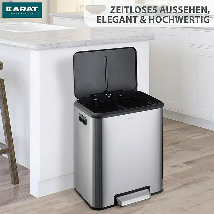 Floordirekt Standard Mülleimer Jack 30 L Edelstahl - 30 l, Edelstahl, Edelstahl - Abfalltrennsystem: Der Karat Home & Living Treteimer mit zwei Fächern für eine einfache Mülltrennung in Edelstahl-Optik und zeitlosem Design.