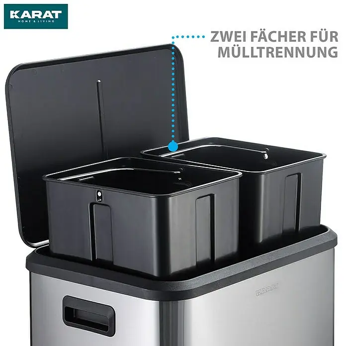 Floordirekt Standard Mülleimer Jack 30 L Edelstahl - 30 l, Edelstahl, Edelstahl - Mülleimer aus Edelstahl mit zwei Fächern für Mülltrennung und einem schwarzen Deckel für eine saubere und ordentliche Umgebung.