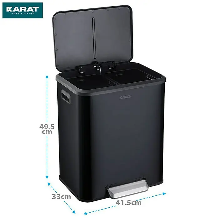 Floordirekt Standard Mülleimer Jack 30 L Schwarz - 30 l, Edelstahl, Schwarz - Abfallbehälter in Schwarz mit zwei Fächern und Fußpedal, Maße: 49,5 x 33 x 41,5 cm. Praktischer Abfalltrenner für Küche und Haushalt.