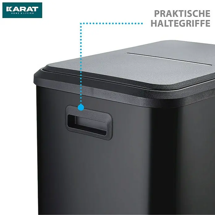 Floordirekt Standard Mülleimer Jack 30 L Schwarz - 30 l, Edelstahl, Schwarz - Abbildung eines schwarzen Karat Home & Living Abfallbehälters mit praktischen Griffen für einfachen Transport.