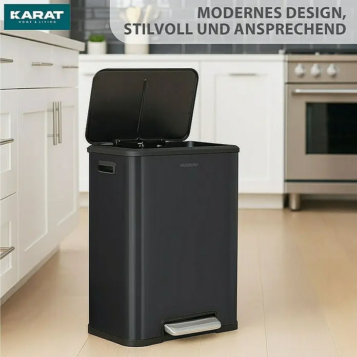 Floordirekt Standard Mülleimer Jack 30 L Schwarz - 30 l, Edelstahl, Schwarz - Der moderne, schwarze Karat HOME & LIVING Treteimer mit offenem Deckel steht in einer stilvollen Küche.