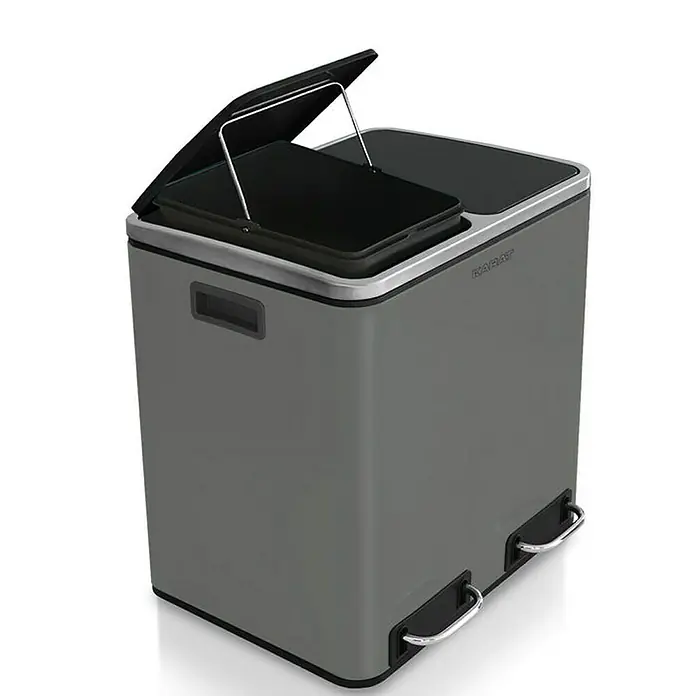 Floordirekt Standard Mülleimer Felix 2 x 30 L Anthrazit - 60 l, Edelstahl, Anthrazit - Grauer Dual-Abfalleimer mit Fußpedal und zwei Fächern für getrennte Abfallentsorgung in Küche oder Büro.