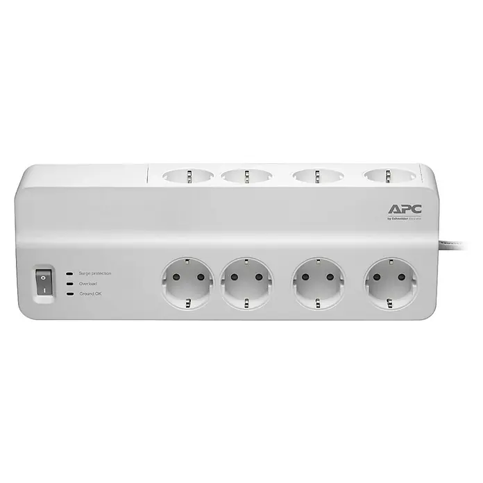 Schneider Electric Base de enchufe múltiple protectora - x 8, Blanco, Longitud del cable: 2 m - Regleta de protección contra sobretensiones APC con ocho enchufes e interruptor para proteger dispositivos electrónicos.