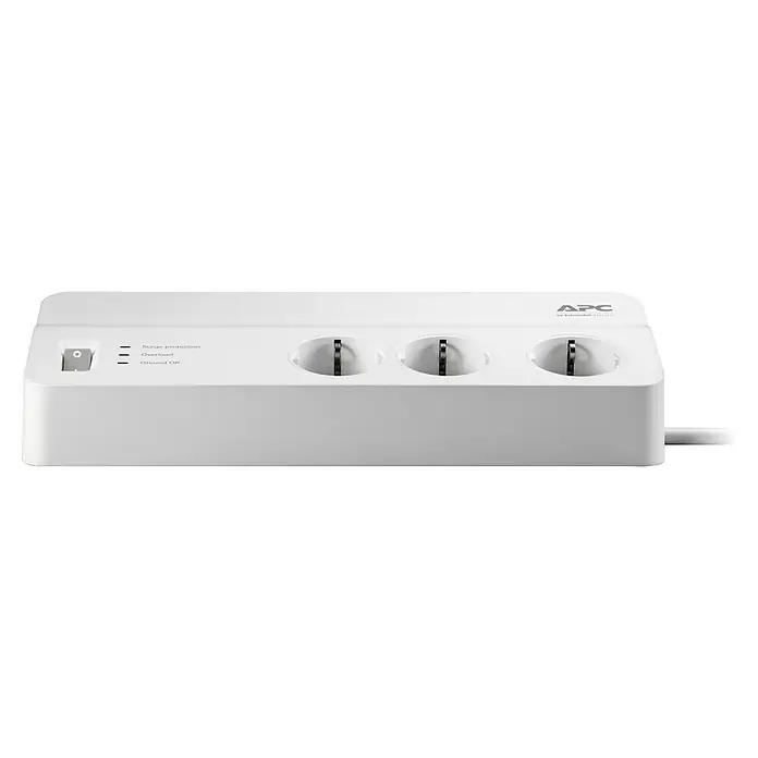 Schneider Electric Base de enchufe múltiple protectora - x 6, Blanco, Longitud del cable: 2 m, Con interruptor - Regleta de protección contra sobretensiones APC con tres enchufes, interruptor e indicadores de estado para protección contra sobretensiones, sobrecarga y toma de tierra OK.