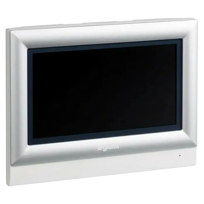 Legrand Monitor de interfono adicional 2 hilos 10" - Casa unifamiliar - Primer plano de un producto Legrand que muestra un diseño elegante y moderno, con un marco reflectante y una pantalla oscura.