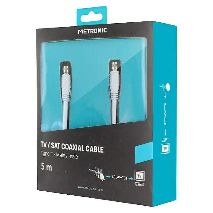 Metronic Cable coaxial M-M - 5 m, Blanco - Un paquete de cable coaxial TV/SAT Metronic. El cable es de tipo F, macho/macho, y de 5 m de largo.