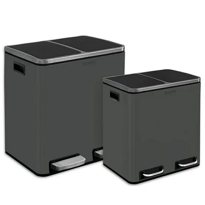 Floordirekt Standard Mülleimer Felix 2 x 15 L Anthrazit - 30 l, Edelstahl, Anthrazit - Zwei graue Abfalltrennsysteme mit Fußpedal zum Sortieren von Wertstoffen, eine große und eine kleinere Version, für Küche oder Büro.
