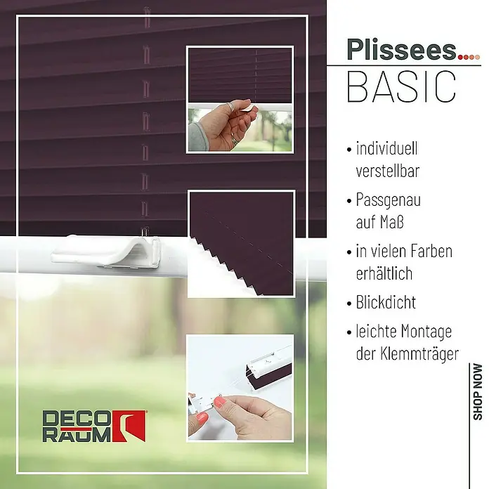 Deco-Raum Plissee ohne Bohren Basic - B x H: 80 x 150 cm, Violett - Produktbild von Plissees Basic in dunklem Lila. Das Plissee ist individuell verstellbar, passgenau und blickdicht. Leichte Montage der Klemmträger.