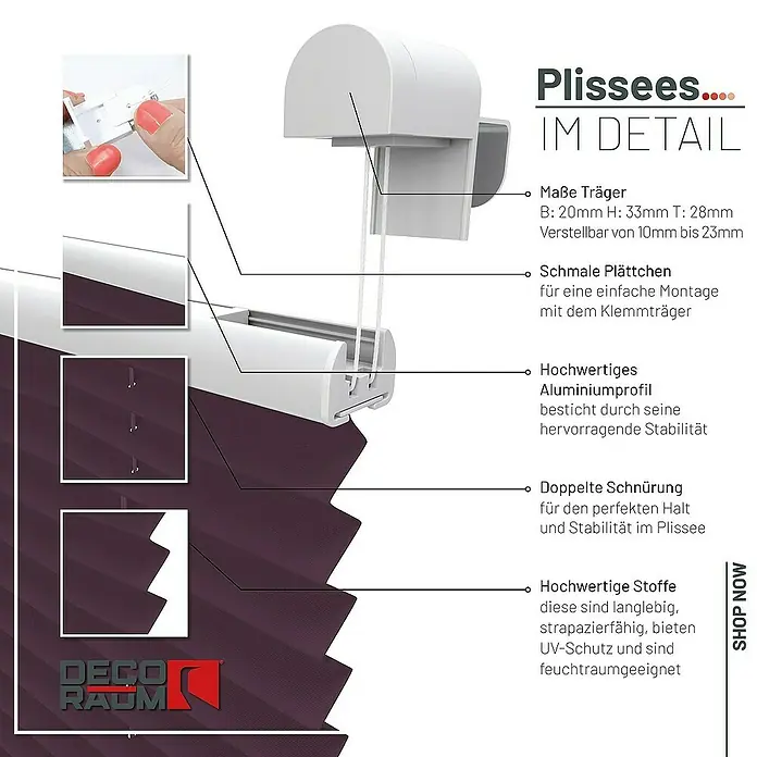 Deco-Raum Plissee ohne Bohren Basic - B x H: 80 x 150 cm, Violett - Detailansicht eines Plissees mit Beschreibungen der Maße, Materialien und Eigenschaften.