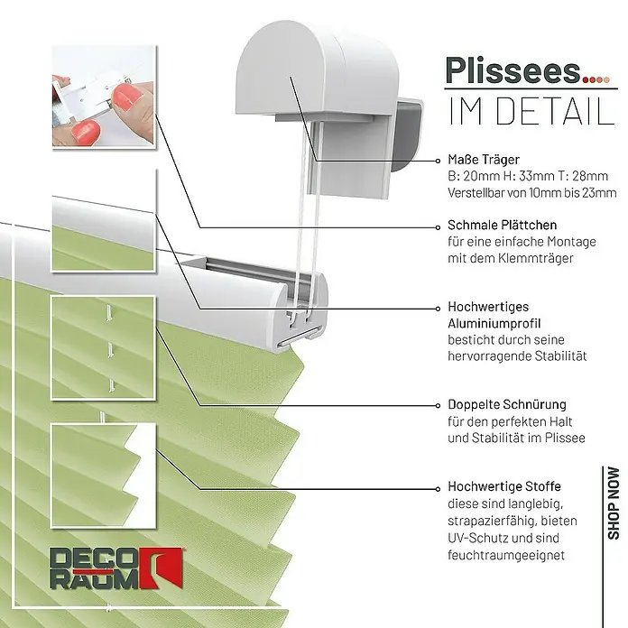 Deco-Raum Plissee ohne Bohren Basic - B x H: 90 x 210 cm, Hellgrün - Detailansicht eines beigefarbenen Plissees mit Erläuterungen zu den Produkteigenschaften wie Träger, Plättchen, Profil, Schnürung und Stoff.