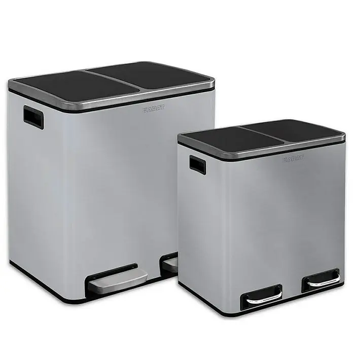 Floordirekt Standard Mülleimer Felix 2 x 30 L Edelstahl - 60 l, Edelstahl, Edelstahl - Zwei Karat Abfallbehälter mit Doppelkammern zur Mülltrennung, ideal für Küche oder Büro. Praktisches Design mit Fußpedal und leicht zu reinigenden Oberflächen.