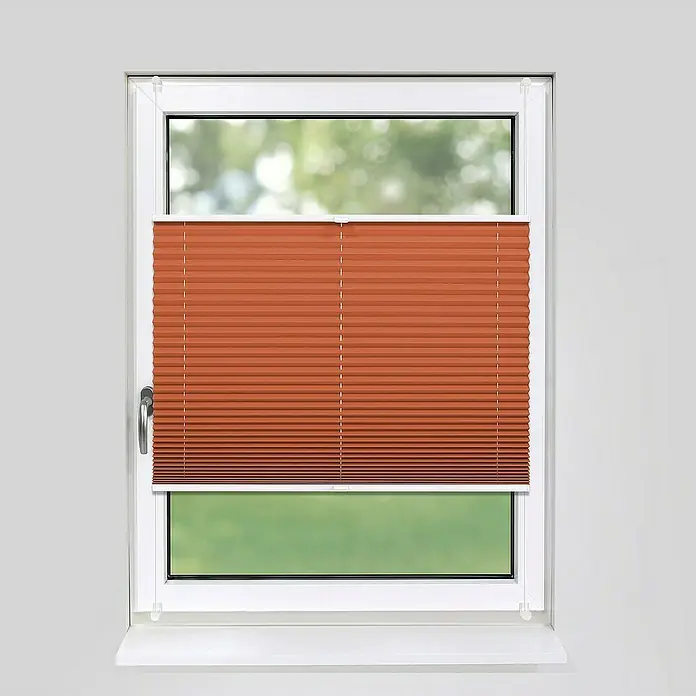 Deco-Raum Plissee ohne Bohren Basic - B x H: 40 x 150 cm, Orange - Fenster mit orangefarbenen Plissees für ein gemütliches Ambiente und Schutz vor Sonnenlicht.