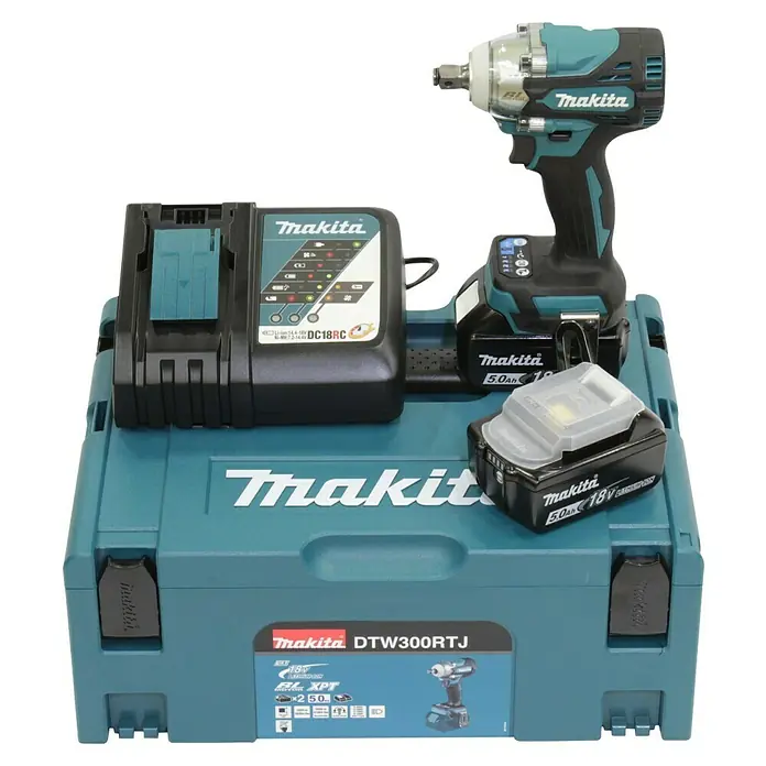 Makita LXT 18V Llave de impacto de batería DTW300 - 18 V, 2 baterías, 5 Ah, 330 Nm, Número máx. de impactos: 4.000 /min - Juego de llaves de impacto inalámbricas Makita DTW300RTJ con cargador, baterías y estuche para uso profesional.