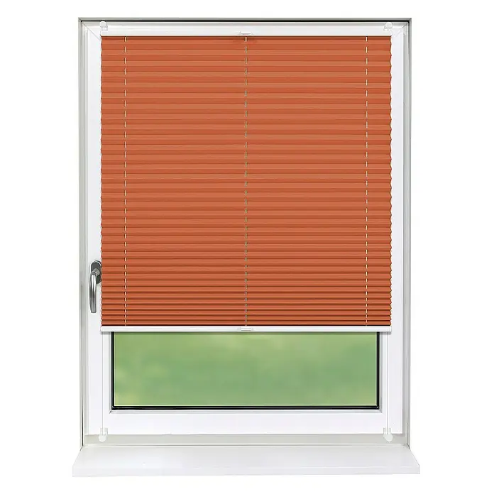 Deco-Raum Plissee ohne Bohren Basic - B x H: 90 x 210 cm, Orange - Ein Fenster mit einem blickdichten, orangefarbenen Plissee, das für Privatsphäre sorgt und gleichzeitig Licht hereinlässt. Perfekt für jeden Raum.