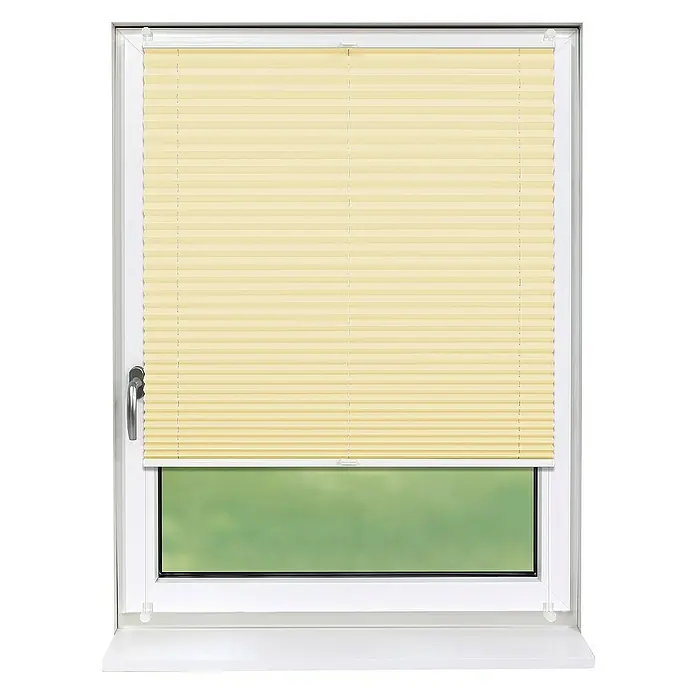 Deco-Raum Plissee ohne Bohren Basic - B x H: 80 x 210 cm, Hellorange - Fenster mit beigefarbenem Plissee-Rollo für den Innenbereich, das das Tageslicht sanft filtert.