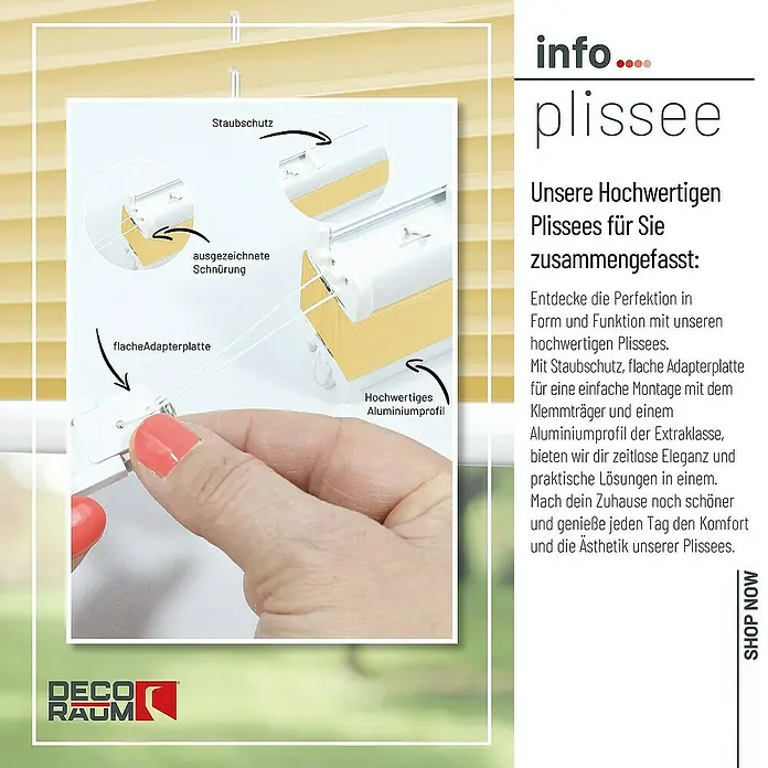 Deco-Raum Plissee ohne Bohren Basic - B x H: 75 x 210 cm, Hellorange - Nahaufnahme eines Plissee-Systems mit Details zu Staubschutz, Schnürung und Aluminiumprofil.