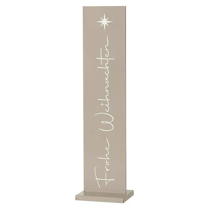 Boltze Bodenaufsteller Waldan - Grau, Metall, L x B x H: 20 x 15 x 77 cm - Eine schmale, beige Weihnachtsdekoration mit dem Schriftzug "Frohe Weihnachten" und einem Stern.