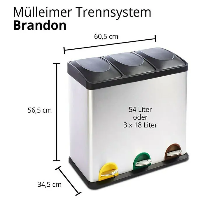 Floordirekt Standard Mülleimer Brandon 3 x 18 L - 54 l, Edelstahl, Silber - Abbildung eines Mülleimer-Trennsystems "Brandon" aus Edelstahl mit drei Fächern und farbigen Fußpedalen zur Abfalltrennung.