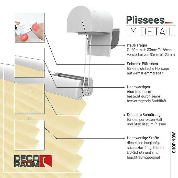 Deco-Raum Plissee ohne Bohren Basic - B x H: 105 x 150 cm, Hellorange - Detailaufnahme eines Plissee-Rollos mit Erläuterungen zu Material, Montage und Produkteigenschaften.