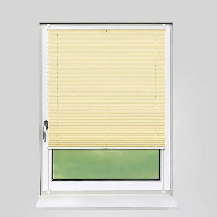 Deco-Raum Plissee ohne Bohren Basic - B x H: 105 x 150 cm, Hellorange - Gelbe Jalousien sind an einem Fenster montiert und sorgen für einen freundlichen Look und Privatsphäre.