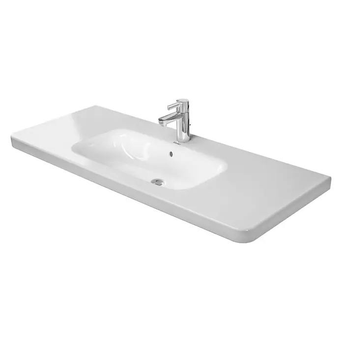 Duravit DuraStyle Waschtisch Typ 1 - 120 x 48 cm, Ohne Spezialglasur, Hahnloch: Mitte, Mit Überlauf, Weiß - Weißes Waschbecken mit modernem Chrom-Wasserhahn. Die klare Linienführung und die glatte Oberfläche des Duravit Waschtischs machen ihn ideal fürs Bad.