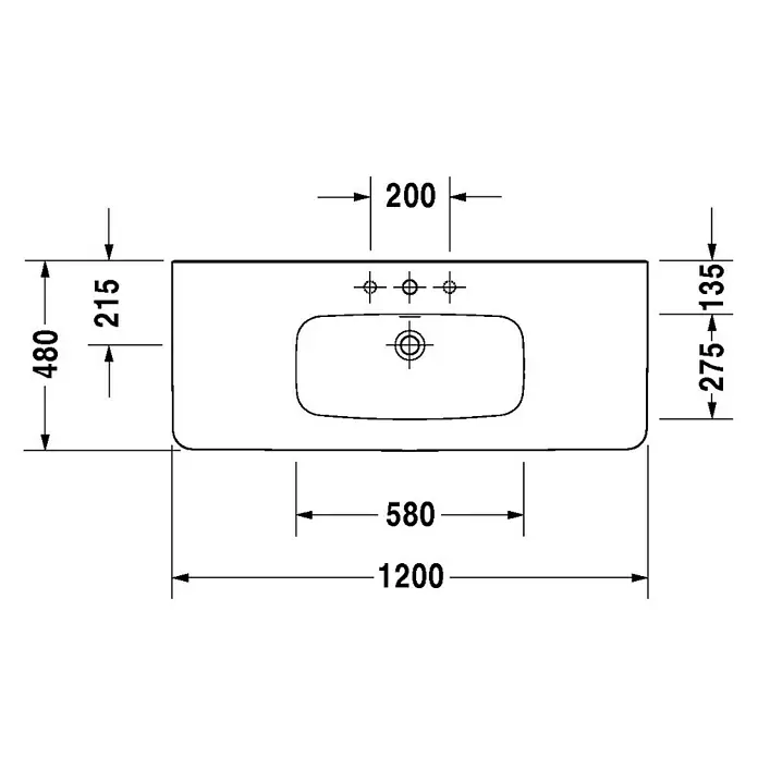 Duravit DuraStyle Waschtisch Typ 1 - 120 x 48 cm, Ohne Spezialglasur, Hahnloch: Mitte, Mit Überlauf, Weiß - Technische Zeichnung eines Waschtischs mit Maßen: 1200 x 480 mm, Beckenmitte 200 mm, Tiefe 275–135 mm.