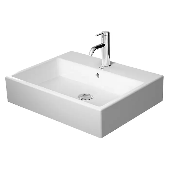Duravit Vero Air Waschtisch - 60 x 47 cm, Ohne Spezialglasur, Hahnloch: Mitte, Mit Überlauf, Weiß, Geschliffen - Moderne rechteckige Aufsatzwaschbecken mit glänzender Chromarmatur, die dem Badezimmer einen Hauch von Eleganz verleiht.