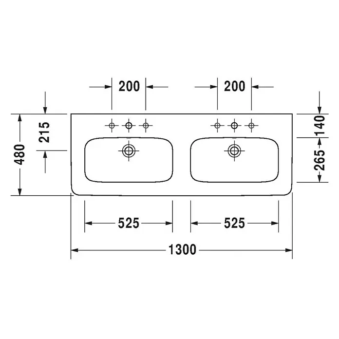 Duravit DuraStyle Doppelwaschtisch - 130 x 48 cm, Ohne Spezialglasur, Anzahl Hahnlöcher: 2, Mit Überlauf, Weiß - Zeichnung eines Doppelwaschtisches mit Bemaßungen für Installationszwecke.