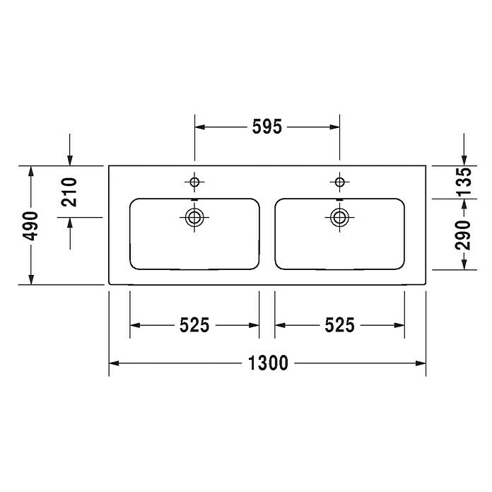 Duravit ME by Starck Doppelwaschtisch130 x 49 cm, Ohne Spezialglasur, Anzahl Hahnlöcher: 2, Mit Überlauf, Weiß Unknown