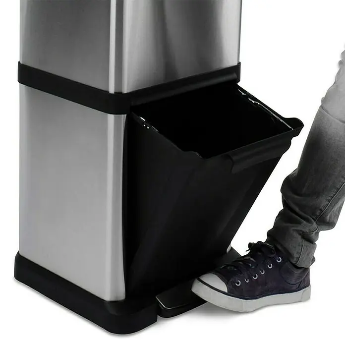 Floordirekt Standard Mülleimer Dylan 2 Kammern 34 L - 34 l, Edelstahl, Silber - Ein moderner, rechteckiger Abfalleimer aus Edelstahl wird per Fußpedal geöffnet. Praktische Müllentsorgung im Haushalt mit diesem Treteimer.