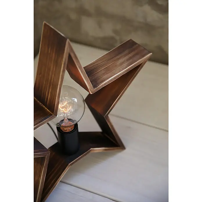 LED-Tischleuchte Estrella - L x B x H: 40,5 x 6,5 x 38,5 cm, 6 W, Braun - Sternförmige Holztischlampe mit Edison-Glühbirne. Warmes Licht akzentuiert das Holzdesign und schafft eine gemütliche Atmosphäre.