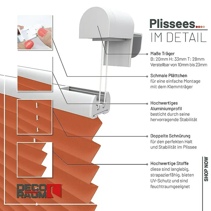 Deco-Raum Plissee ohne Bohren Basic - B x H: 90 x 150 cm, Orange - Detailaufnahme eines orangefarbenen Plissees mit Erläuterungen zu den Produktmerkmalen wie Träger, Plättchen, Aluminiumprofil und Stoff.