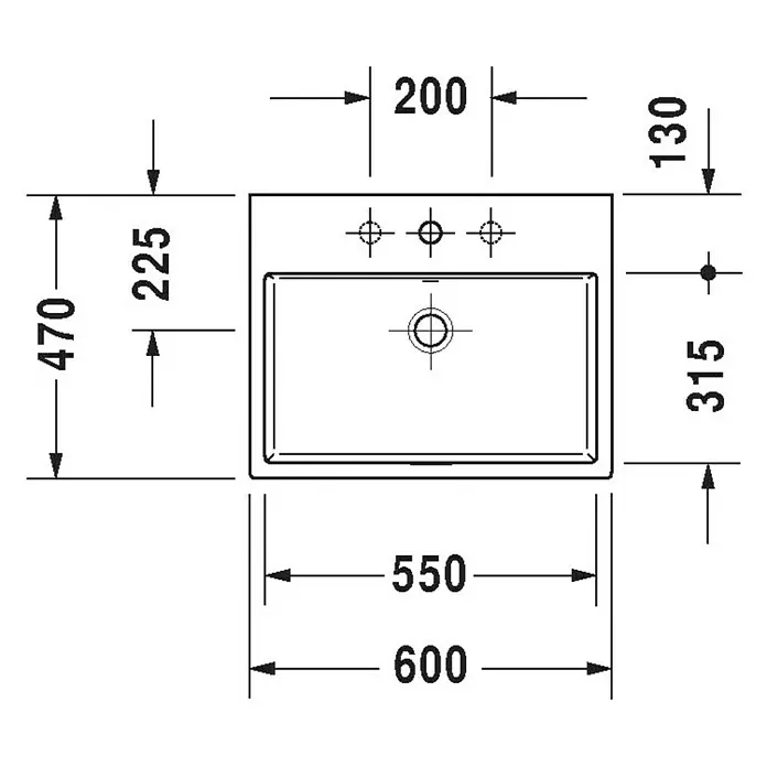 Duravit Vero Air Waschtisch - 60 x 47 cm, Ohne Spezialglasur, Hahnloch: Ohne, Mit Überlauf, Weiß, Geschliffen - Technische Zeichnung eines Waschbeckens mit Bemaßung. Die Gesamtbreite beträgt 600 mm, die Tiefe 470 mm.