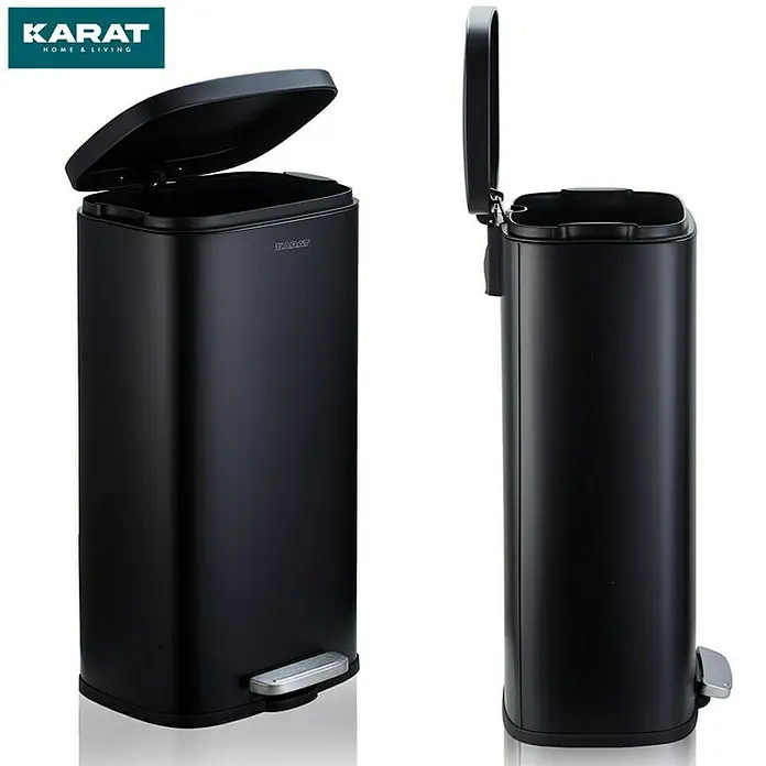 Floordirekt Standard Mülleimer Dustin 30 L Schwarz - 30 l, Edelstahl, Schwarz - Zwei schwarze Karat Home & Living Tretabfalleimer mit geöffnetem Deckel und Fußpedal für ein stilvolles und hygienisches Zuhause.
