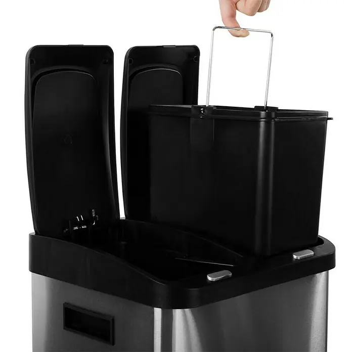 Floordirekt Standard Mülleimer Dylan 3 Kammern 32 L - 32 l, Edelstahl, Silber - Hier ist ein Foto von einem Mülleimer mit zwei Fächern und herausnehmbaren Behältern für einfache Reinigung und Mülltrennung.