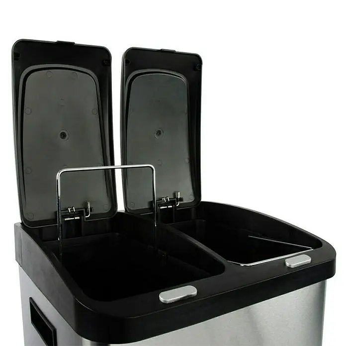 Floordirekt Standard Mülleimer Dylan 3 Kammern 32 L - 32 l, Edelstahl, Silber - Ein Edelstahl-Treteimer mit zwei Fächern und geöffneten Deckeln für einfache Mülltrennung.