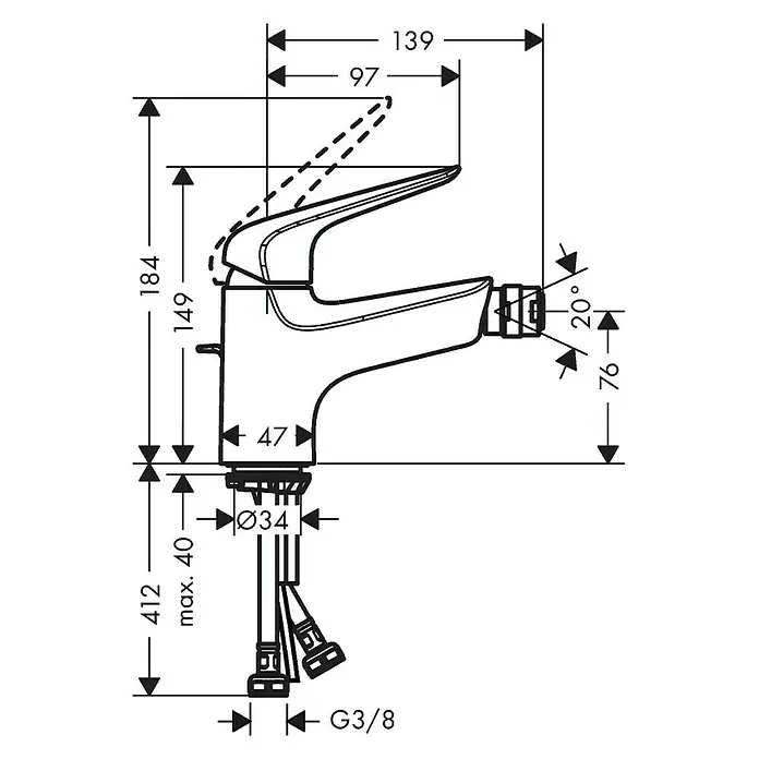 Hansgrohe Novus Bidetarmatur 70 - Chrom, Glänzend - Technische Zeichnung einer Armatur mit Maßangaben zu Höhe, Ausladung und Anschlüssen.
