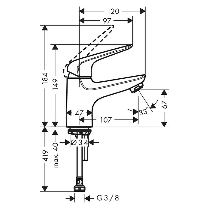 Hansgrohe Novus Kaltwasser-Standventil 70 - Chrom, Glänzend - Eine technische Zeichnung des Wasserhahns mit allen Maßen für Installation und Design, detailliert und präzise dargestellt.