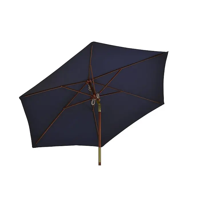 Kai Wiechmann Marktschirm - Blau|Dunkelbau|Navy|Marine|Marineblau - Nahaufnahme eines rechteckigen Sonnenschirms mit Holzrahmen und dunkelblauem Stoff, der Schatten und Schutz vor der Sonne bietet.
