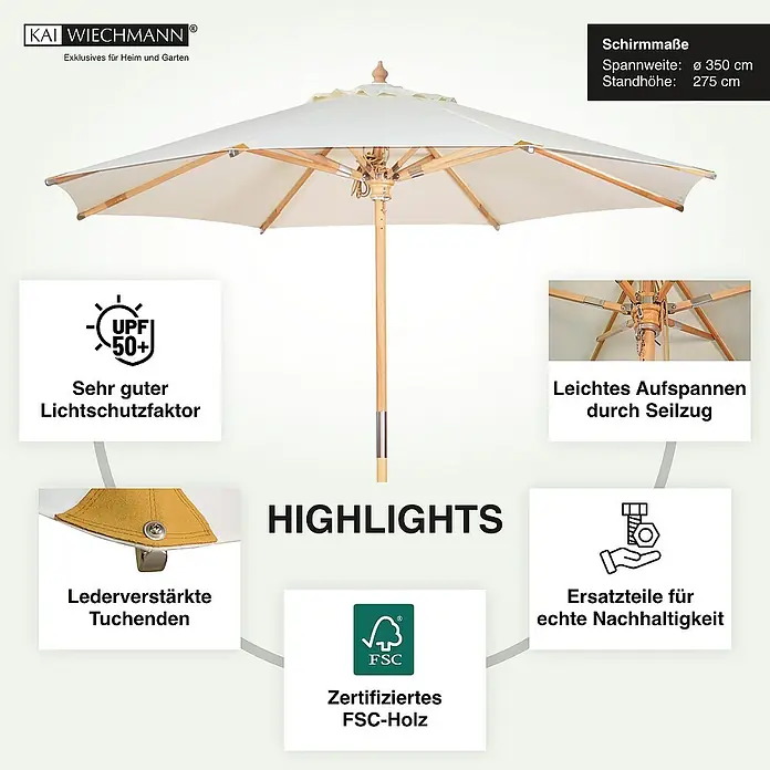 Kai Wiechmann Marktschirm - Ecru|Weiß|Natur|Beige - Bild eines Kai Wiechmann Sonnenschirms mit Highlights wie UPF 50+, leichtem Aufspannen und FSC-Holz.