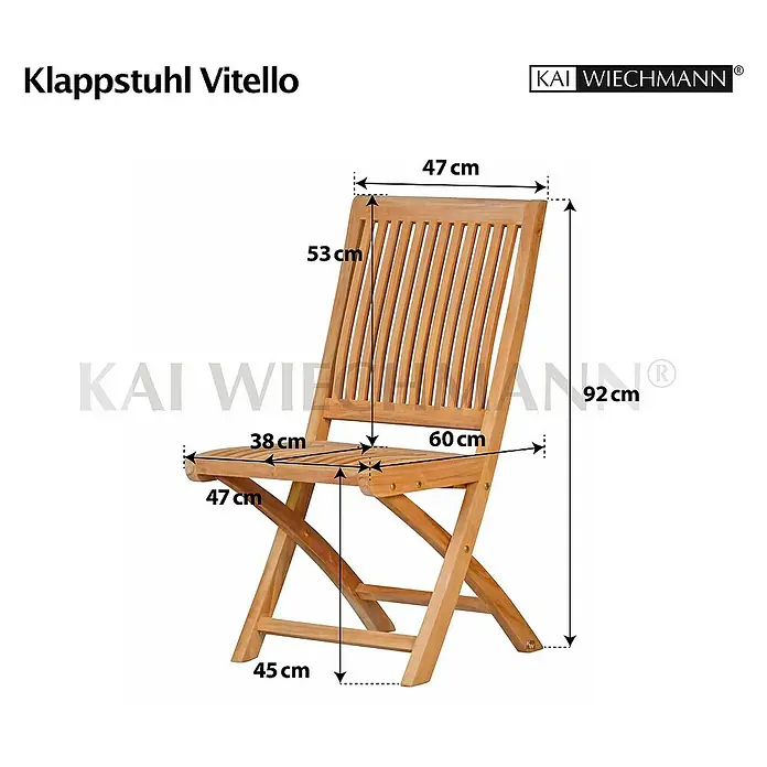 Kai Wiechmann Gartenstuhl - Teakholz, Klappbar, Naturbelassen, B x T x H: 47 x 60 x 92 cm - Abbildung eines Klappstuhls Vitello mit Größenangaben, ideal für Garten und Balkon.