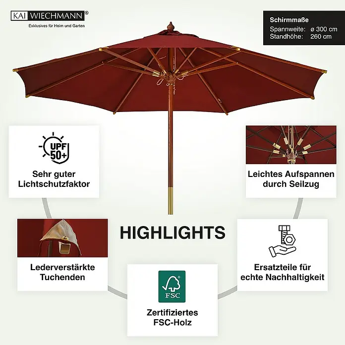 Kai Wiechmann Marktschirm - Rot|Bordeaux|Bordeauxrot|Weinrot - Bild eines KAI WIECHMANN Sonnenschirms mit Highlights wie UPF 50+, Lederverstärkung und FSC-Holz.