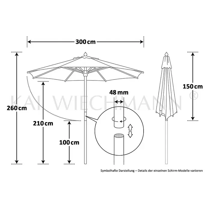 Kai Wiechmann Marktschirm - Rot|Bordeaux|Bordeauxrot|Weinrot - Abbildung eines Sonnenschirms mit Größenangaben wie Höhe (260 cm), Durchmesser (300 cm) und Details zum Verbindungsstück (48 mm).