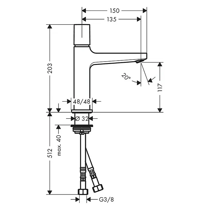 Hansgrohe Metropol Waschtischarmatur Select 110 - Chrom, Glänzend - Technische Zeichnung einer Waschtischarmatur mit Maßangaben zu Höhe, Ausladung und Anschlüssen.